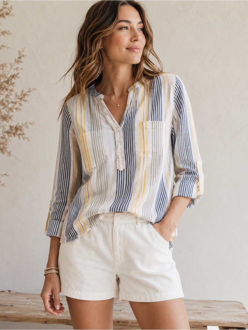 Carve Designs Organic Cotton Stripe Blouse XS Navy Yellow White Coastal Top EUC